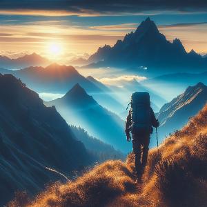 backpacker hiking up a mountain at sunset-4